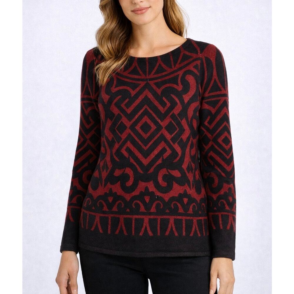 Charter Club Women’s 100% Cashmere Geometric Pattern Sweater Medium Red Black